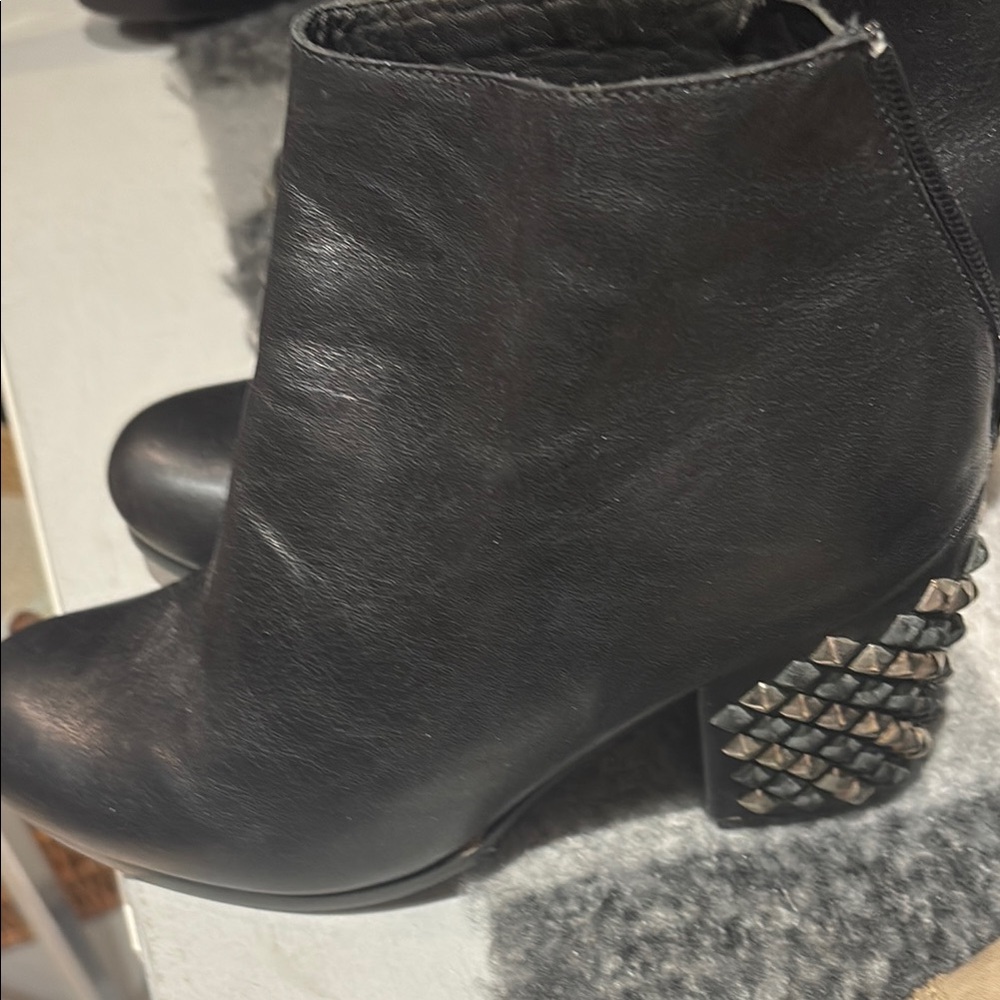 Black Leather Ankle Booties with Studded Heel